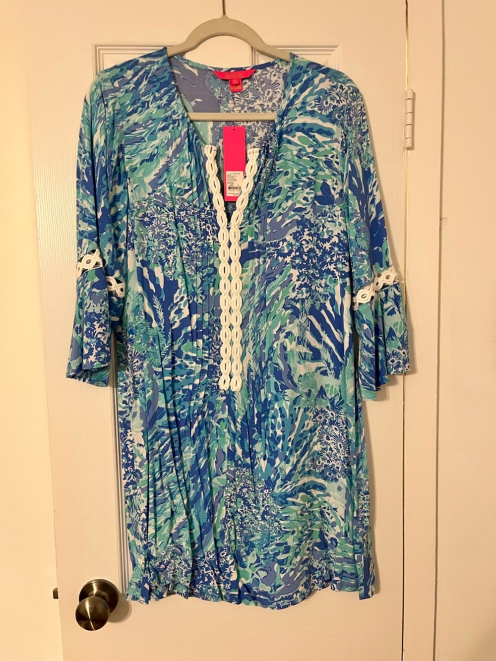 Lilly Pulitzer Blue & Aqua Printed Long-Sleeve Tunic Dress with White Lace